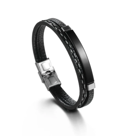 Bransoletka dwurzemykowa męska z grawerem, Monte Carlo, Black/Black