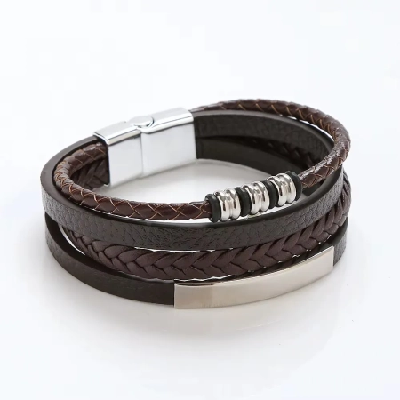 Męska bransoletka z grawerem - Trieste, brown/silver